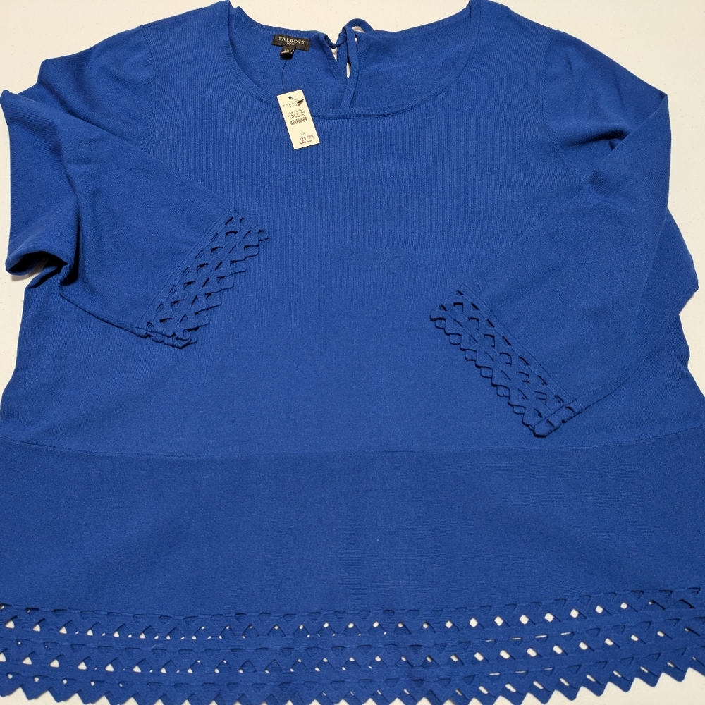 Talbots Woman Sweater Solid Royal Blue Pullover Cutout Detail Casual Career Knit